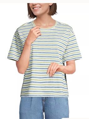 NWT Lands End Cotton Striped Short Sleeve Tee in White, Blue & Green